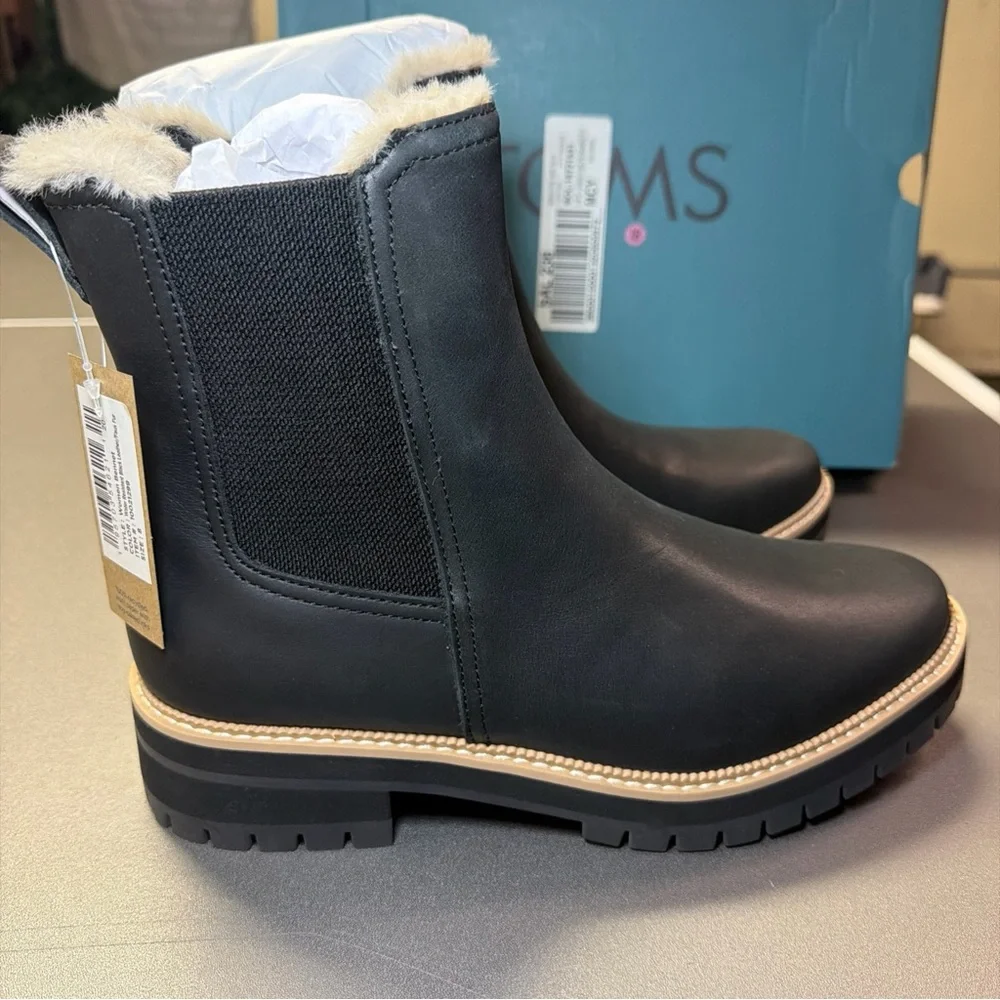 NWT Toms Dakota Chelsea Black‎ Leather Water Resistant Chunky Ankle Boots US 8
